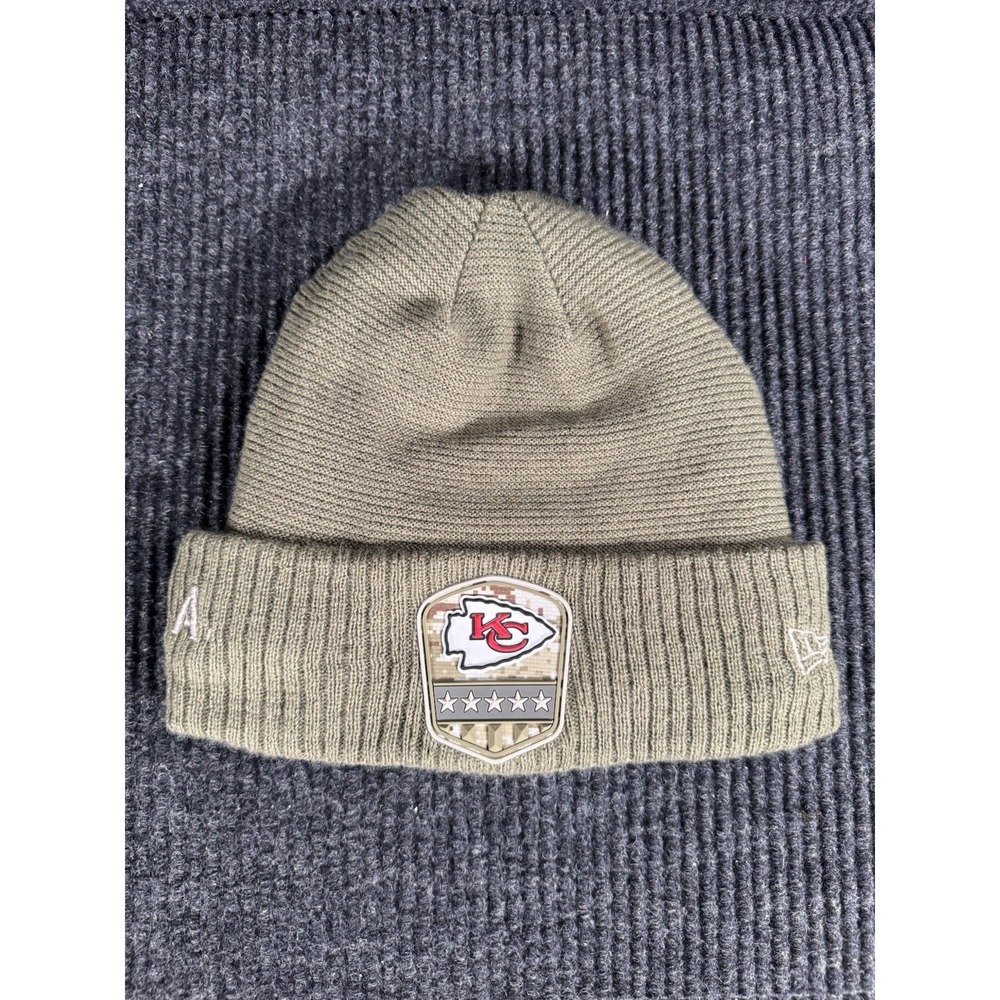 Kansas City Chiefs New Era 2019 Salute to Service Olive Knit Beanie Hat Sideline
